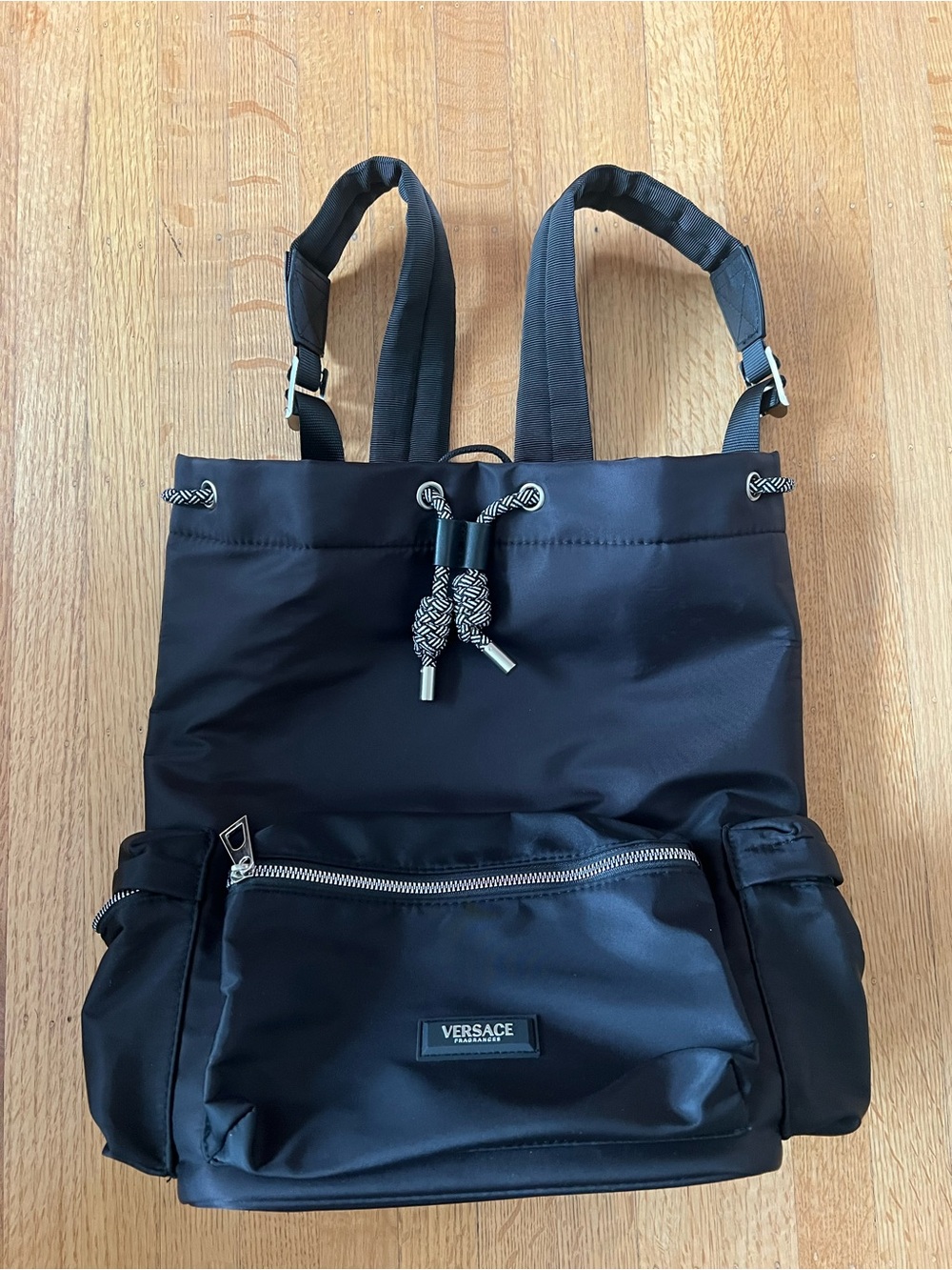 Versace Black Nylon Drawstring Backpack with Front Zip Pocket